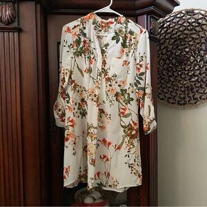LOVE TREE Los Angeles Ivory Long Sleeve Shirt Dress Orange Floral Print L Sheer